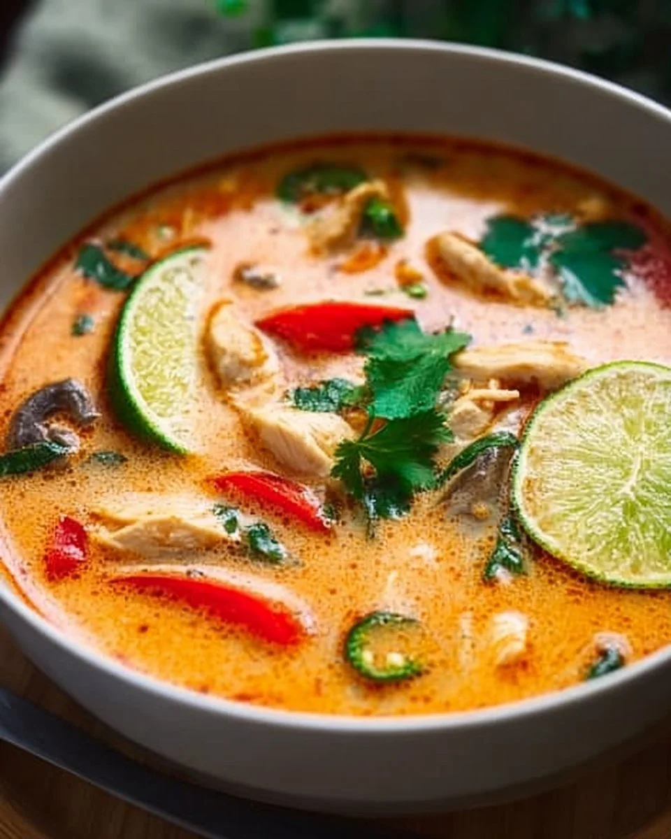 Crockpot Thai Coconut Chicken Soup with chicken, coconut milk, and herbs