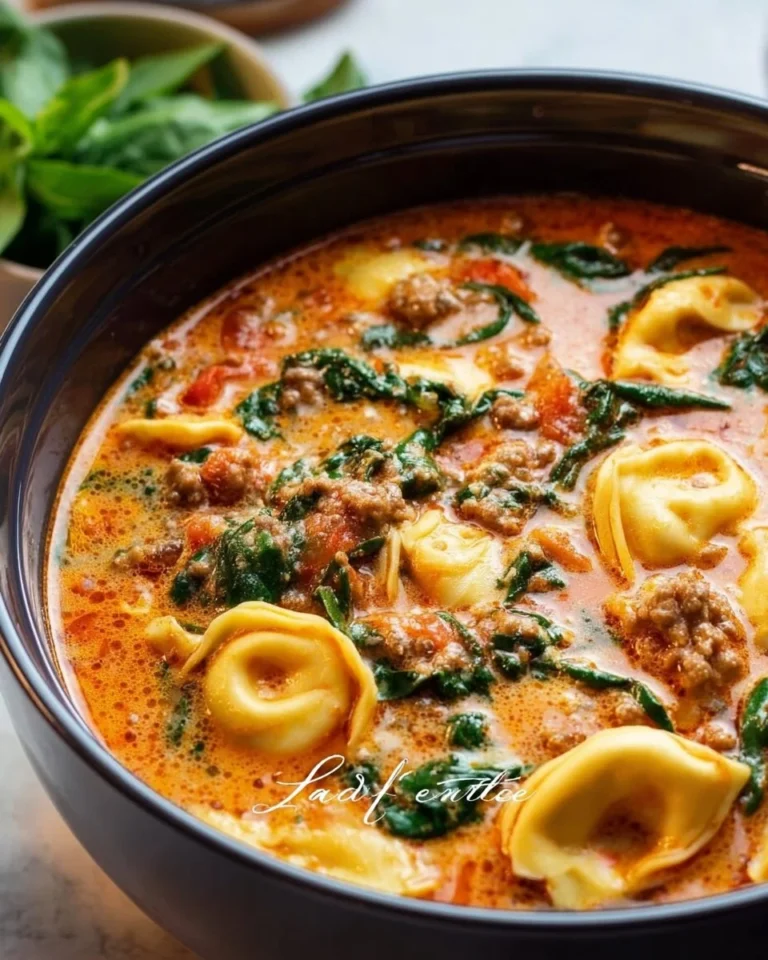 Delicious bowl of Crockpot Tortellini Soup with fresh ingredients