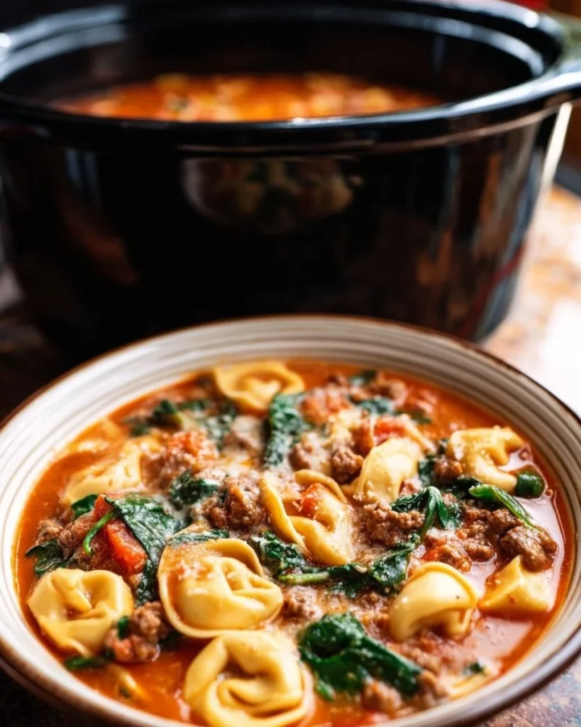Bowl of delicious Crockpot Tortellini Soup with fresh herbs
