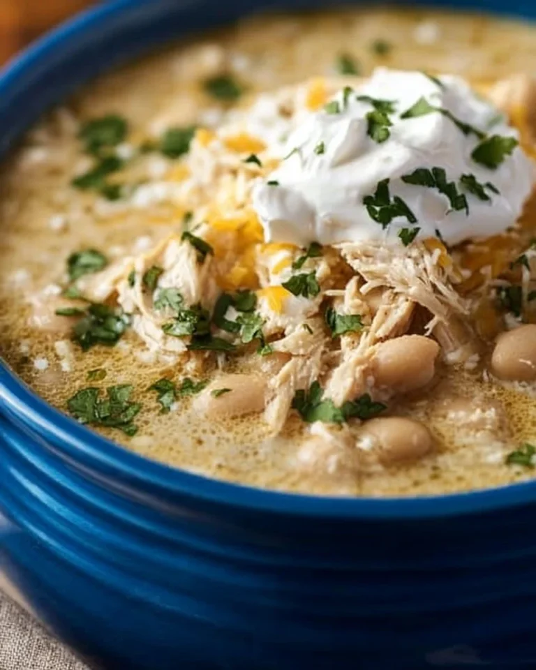 Crockpot White Chicken Chili with Cream Cheese served in a bowl, garnished with cilantro.