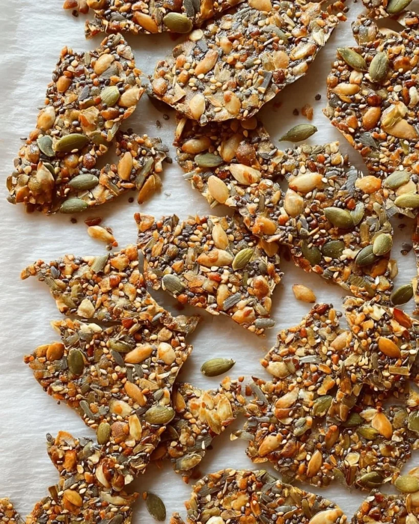 Plate of crunchy seed crackers with various seeds and spices
