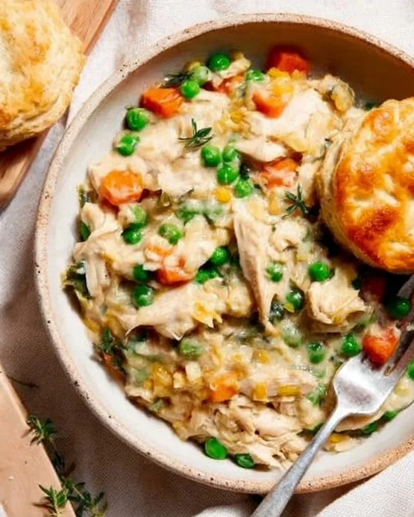 Delicious crustless chicken pot pie with vegetables and chicken in a creamy filling