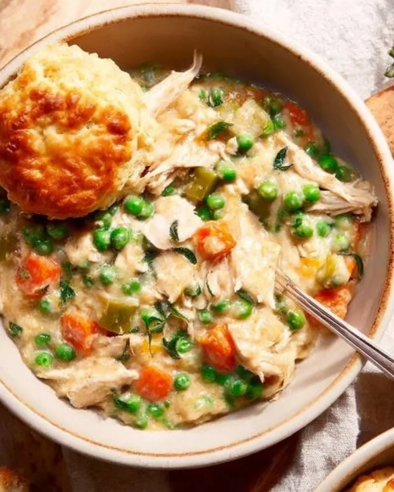 Delicious crustless chicken pot pie filled with chicken and vegetables.