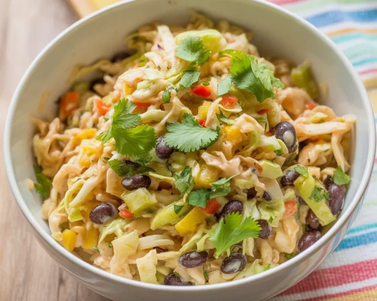 Colorful Mexican corn coleslaw with cabbage, corn, jalapenos, and cotija cheese.