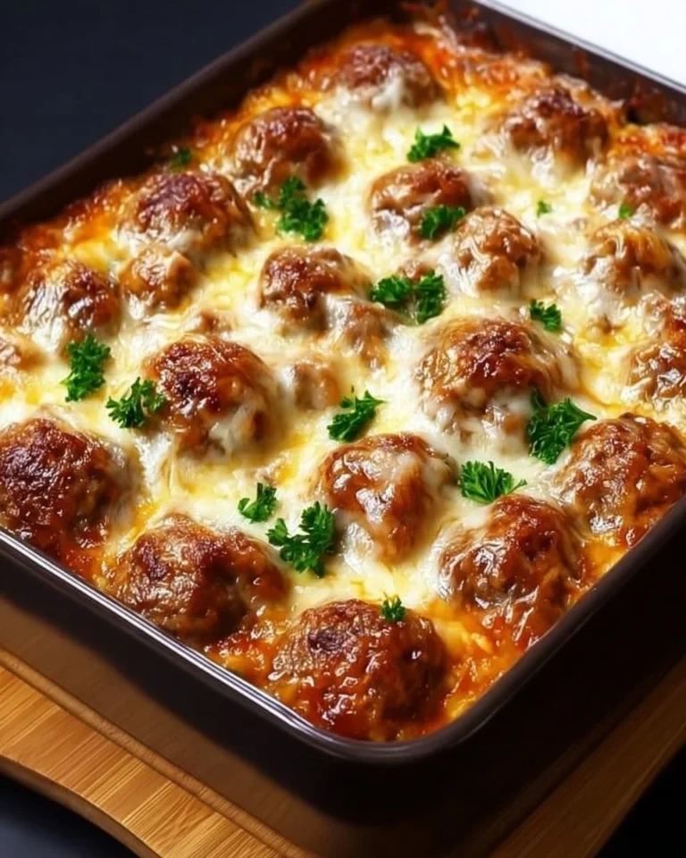 Delicious dump-and-bake meatball casserole served in a baking dish