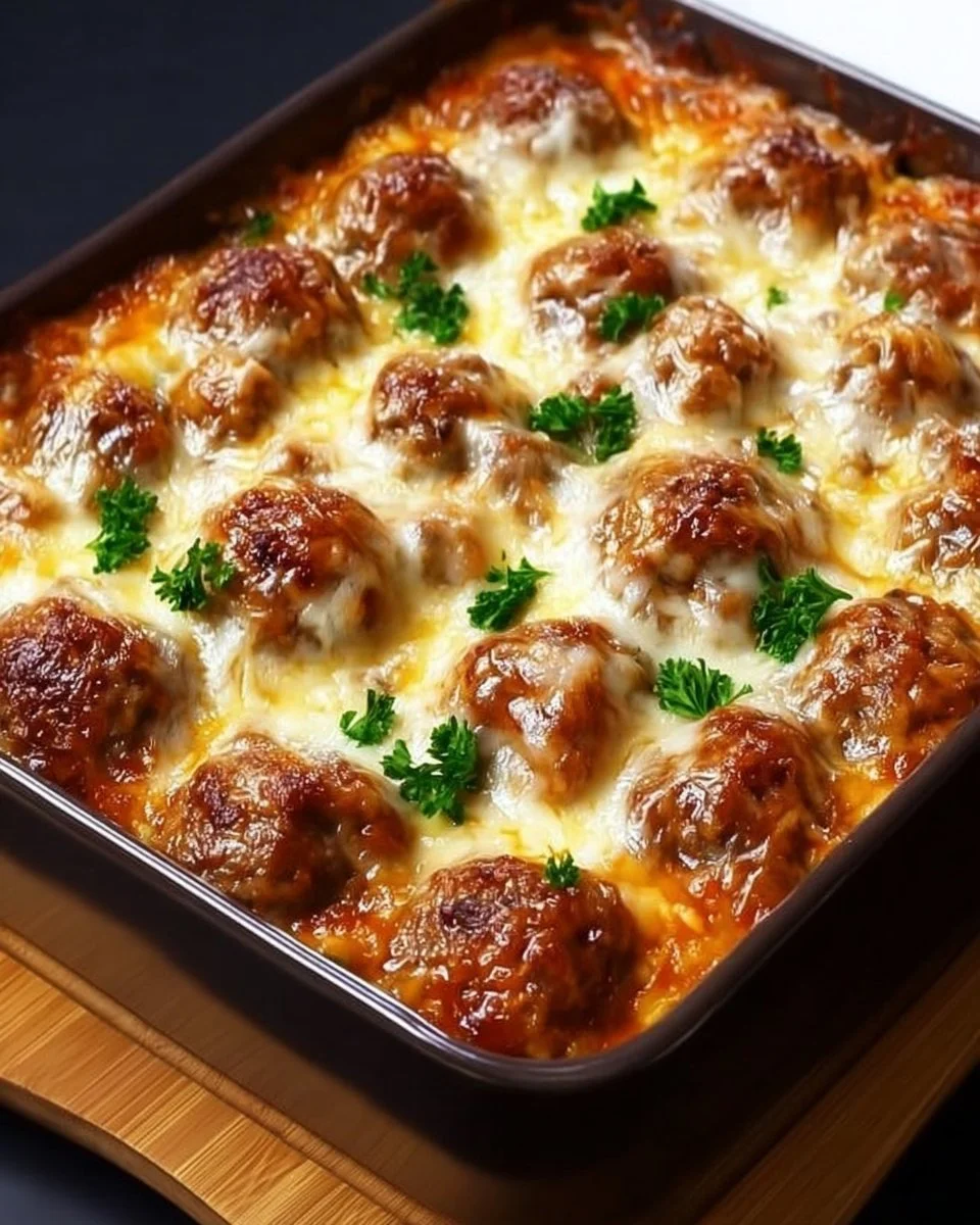 Delicious dump-and-bake meatball casserole served in a baking dish