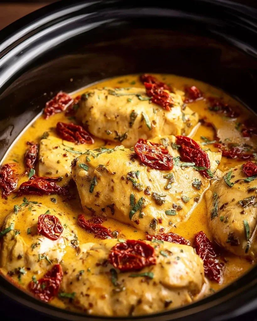 Delicious Dump & Go Crockpot Marry Me Chicken meal in slow cooker.