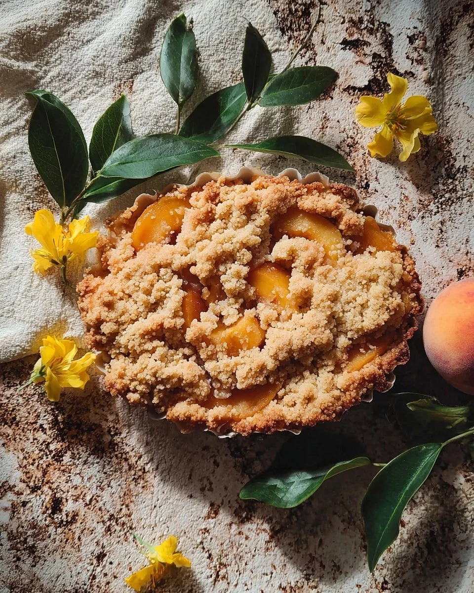 Delicious Southern peach cobbler in a baking dish, served warm with ice cream