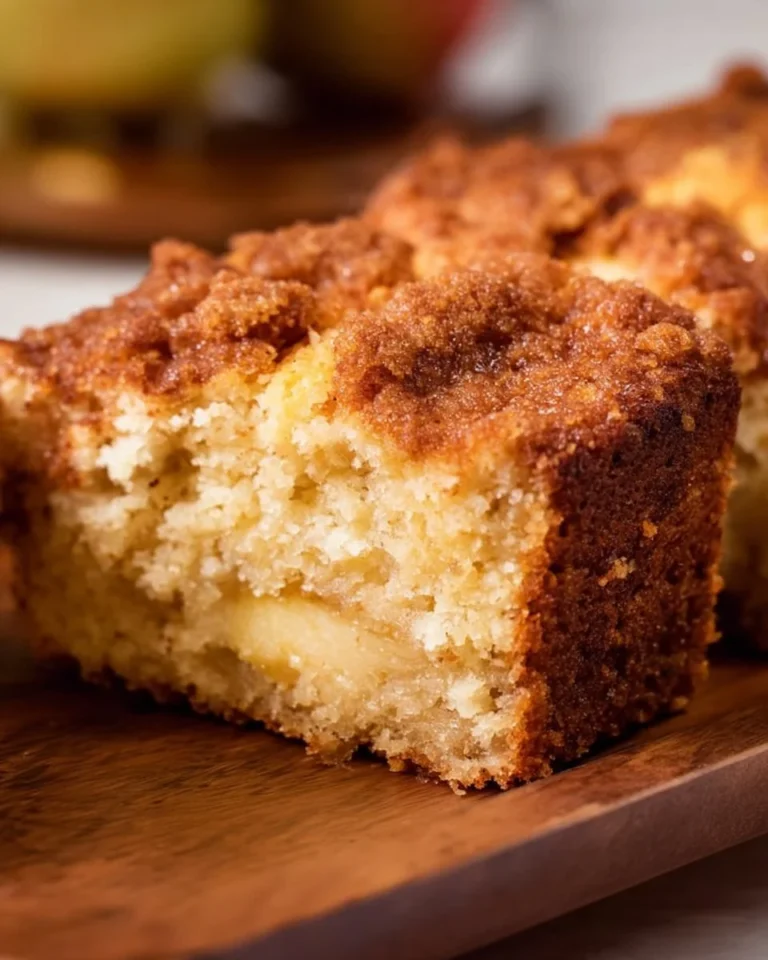 Slice of easy apple crumb cake with a crispy topping on a plate.