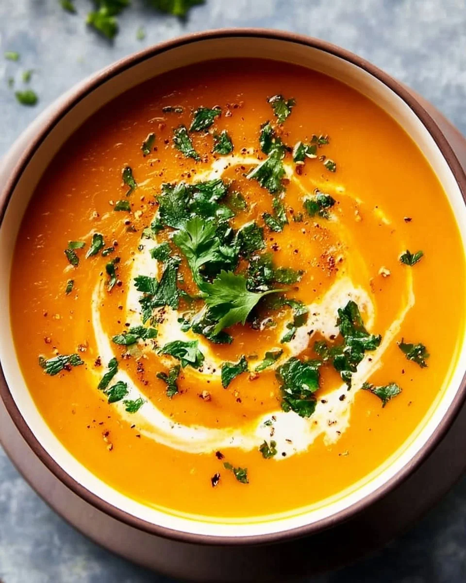 Bowl of creamy butternut squash and sweet potato soup topped with herbs