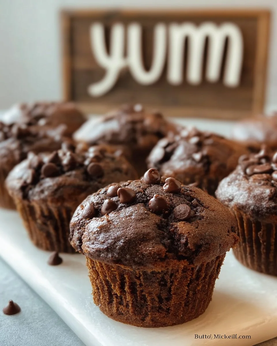 Easy chocolate pumpkin muffins topped with chocolate chips and pumpkin spice