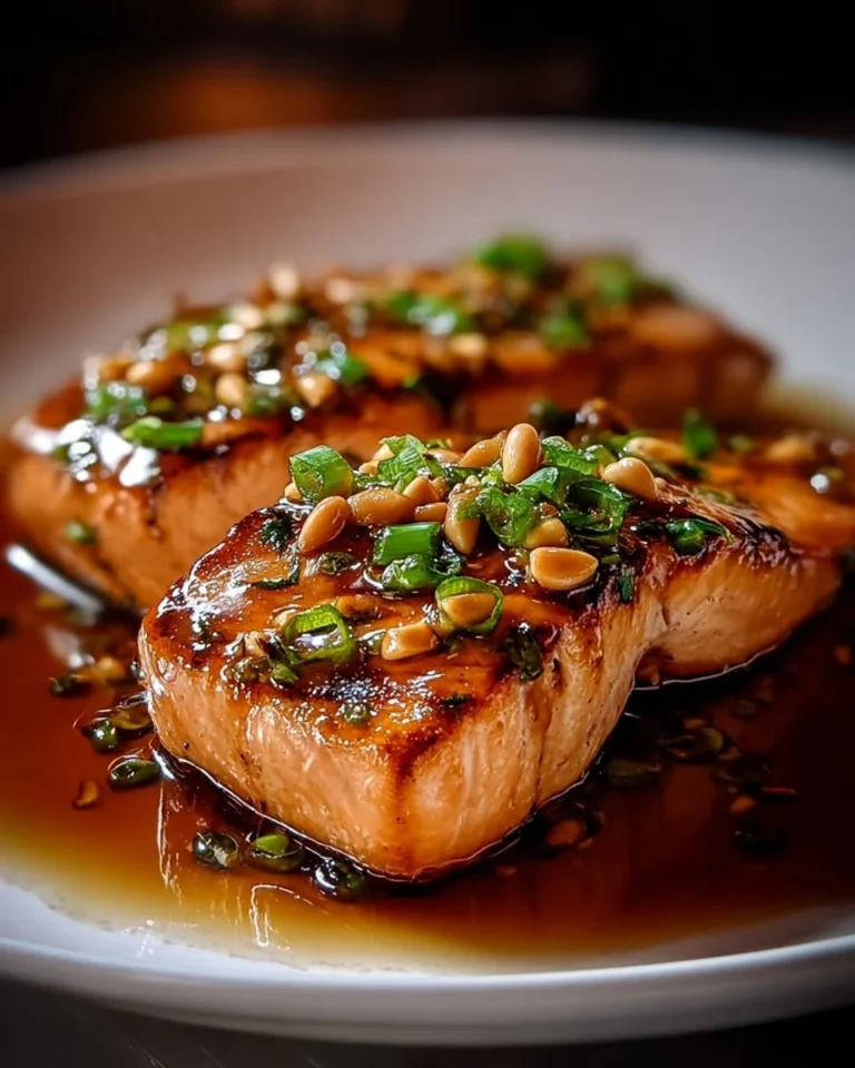 Crispy honey garlic glazed salmon garnished with herbs on a plate
