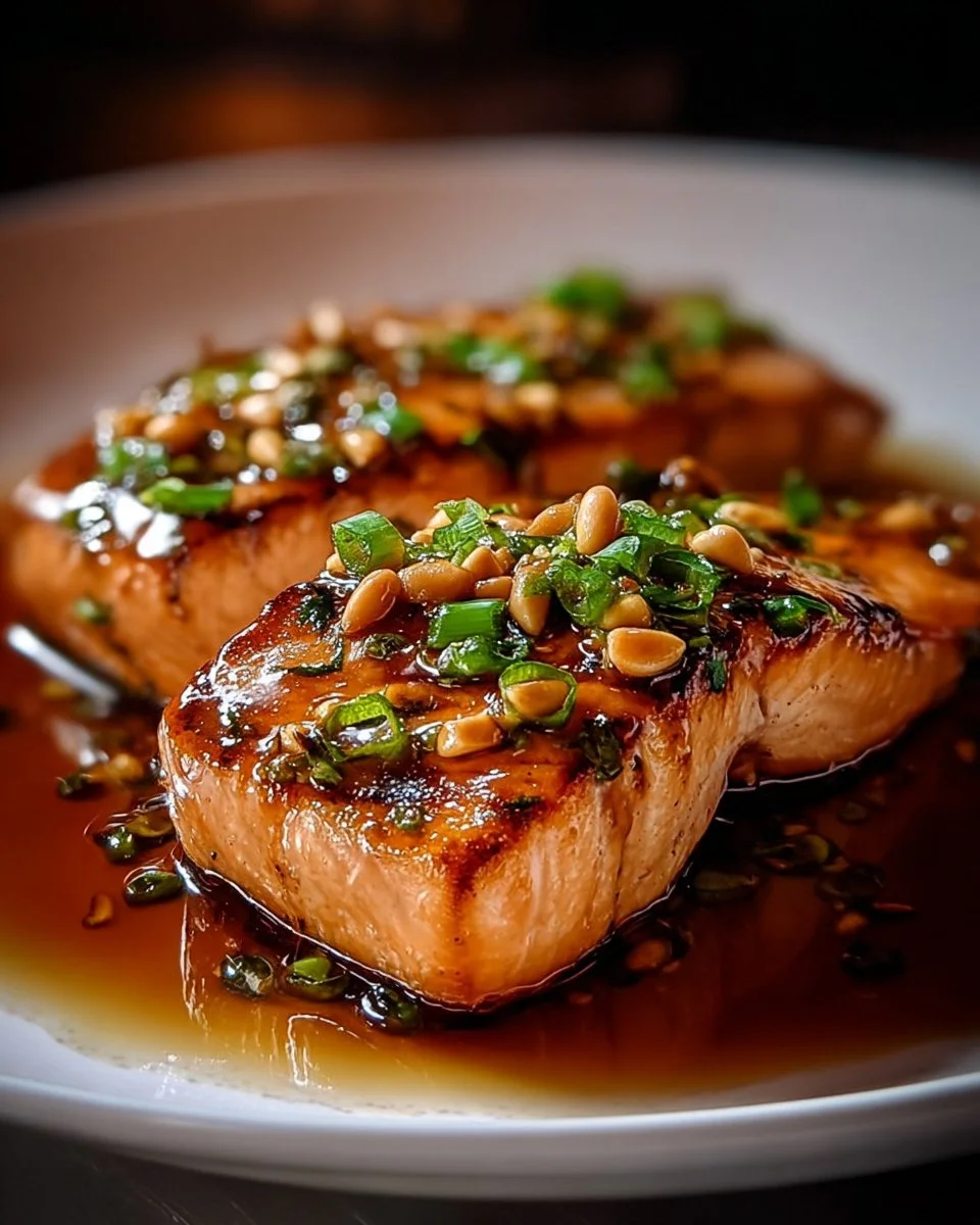 Crispy honey garlic glazed salmon garnished with herbs on a plate
