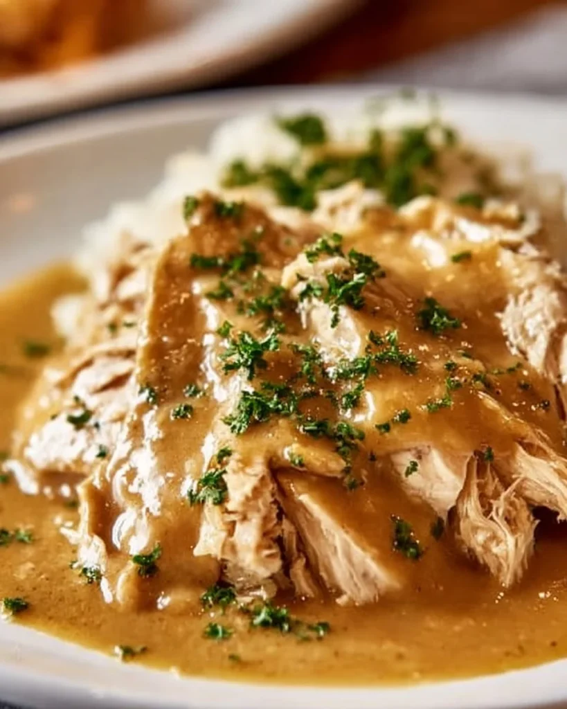 Delicious Easy Crockpot Chicken and Gravy served with sides
