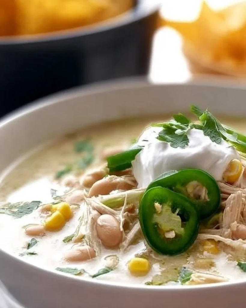 Easy crockpot white chicken chili soup served in a bowl with toppings