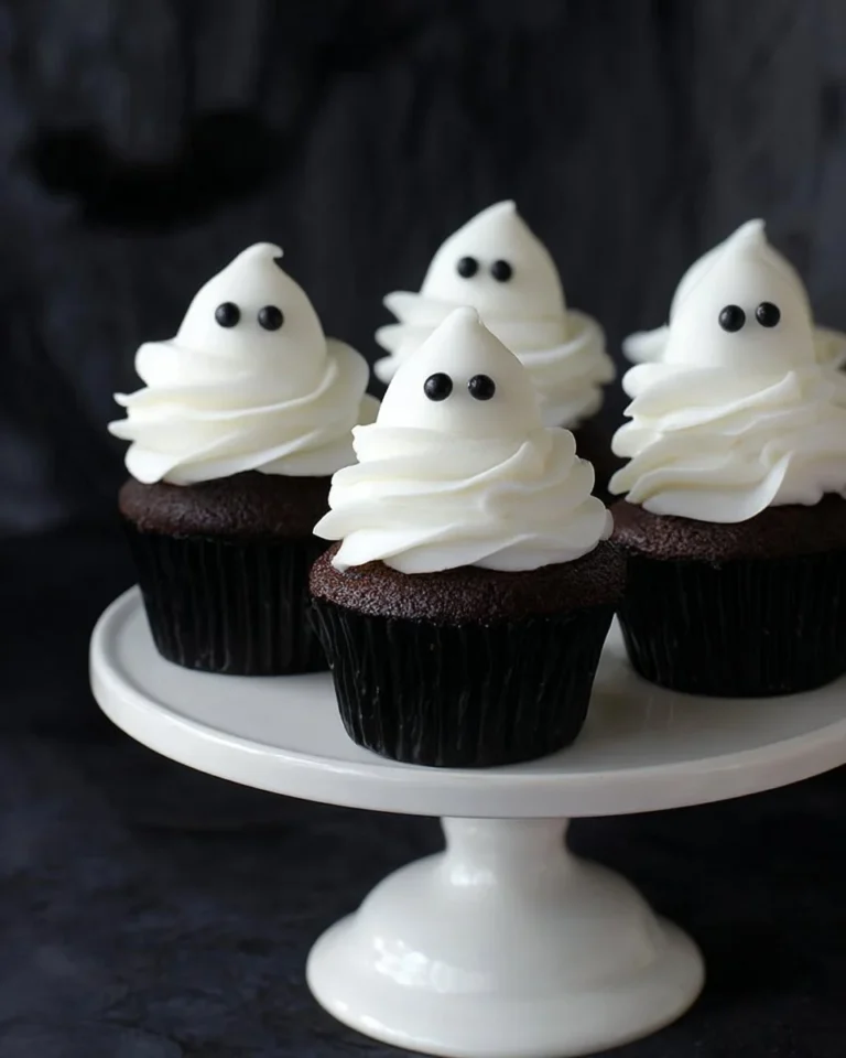 Easy Halloween ghost cupcakes decorated with spooky designs