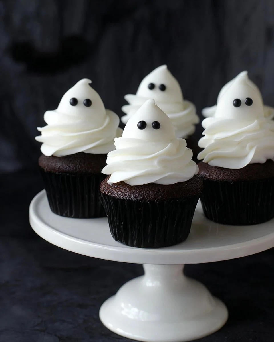 Easy Halloween ghost cupcakes decorated with spooky designs