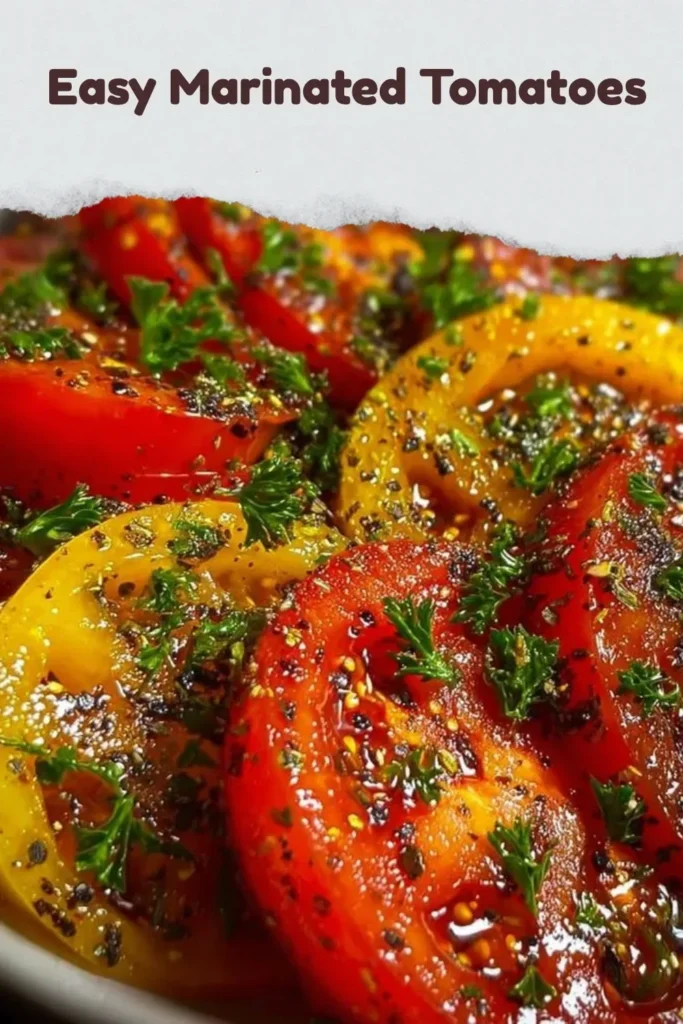 Bowl of easy marinated tomatoes garnished with herbs