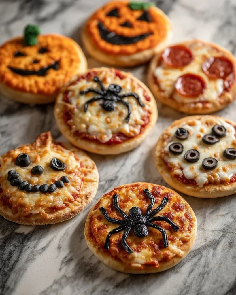 Mini Halloween pizzas decorated with spooky toppings for a festive treat