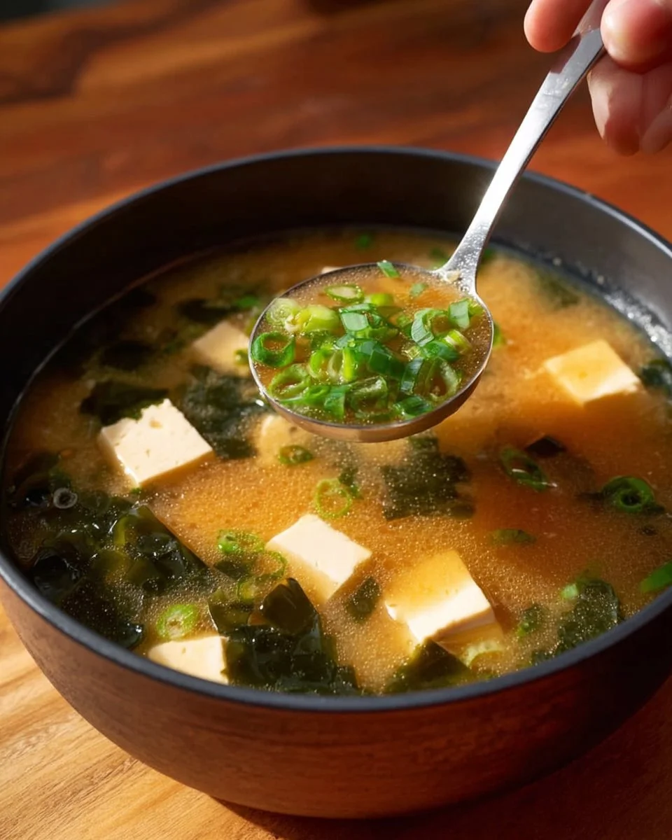 Bowl of easy gluten-free miso soup garnished with green onions and tofu.