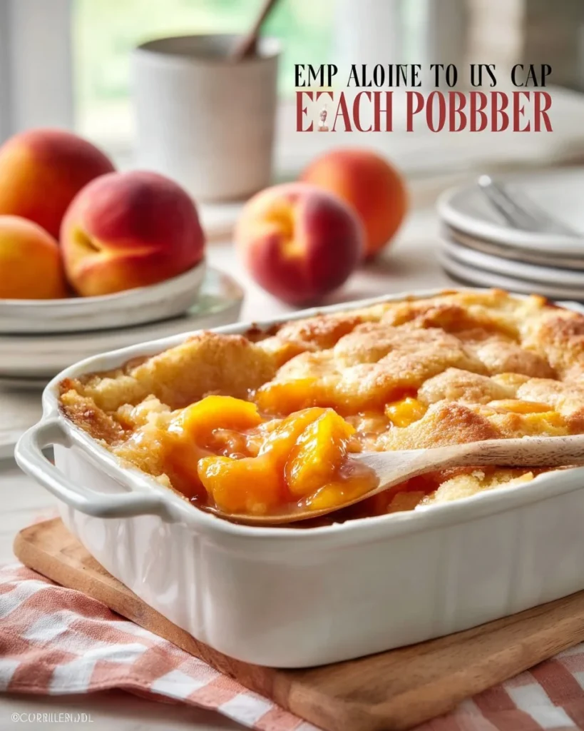 A slice of homemade easy peach cobbler on a white plate with a scoop of vanilla ice cream.