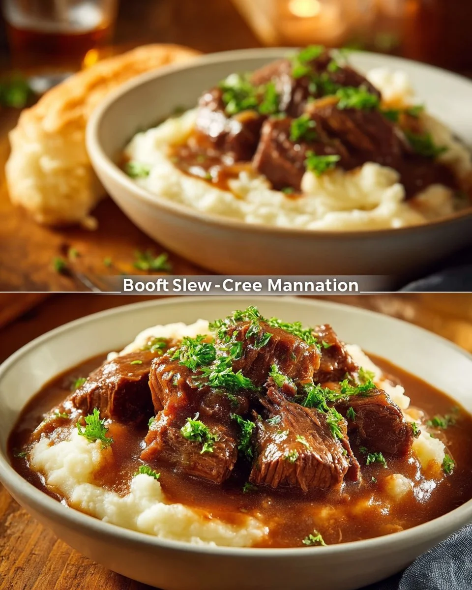 Easy Slow Cooker Beef Manhattan served on a plate with vegetables.