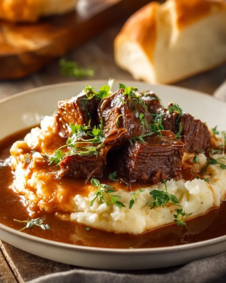 Slow cooker beef manhattan ready to serve with rich gravy and bread