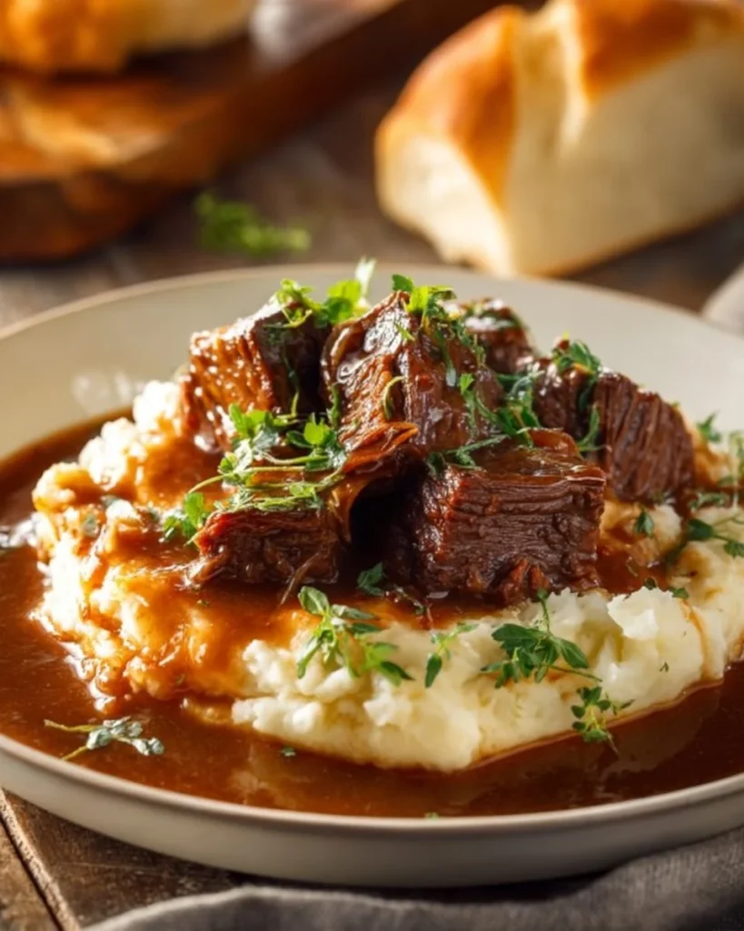 Slow cooker beef manhattan ready to serve with rich gravy and bread
