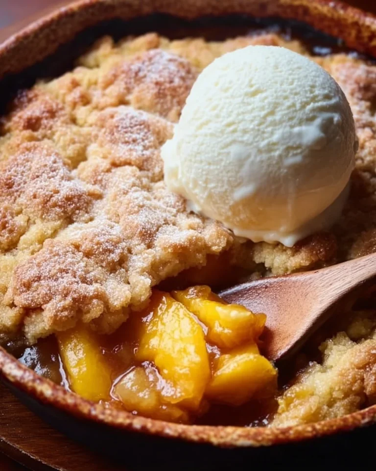 Delicious Easy Southern Peach Cobbler baked to perfection in a ceramic dish