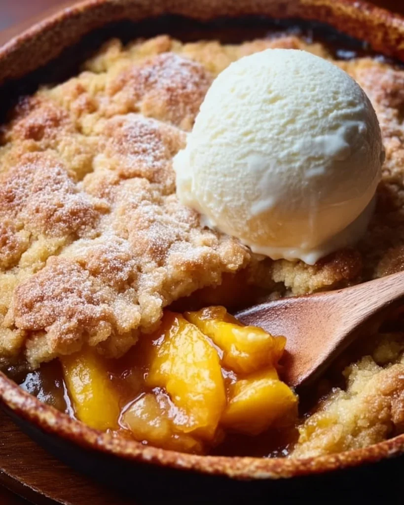 Delicious Easy Southern Peach Cobbler baked to perfection in a ceramic dish