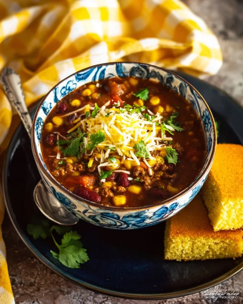 Delicious easy taco soup in a bowl with toppings