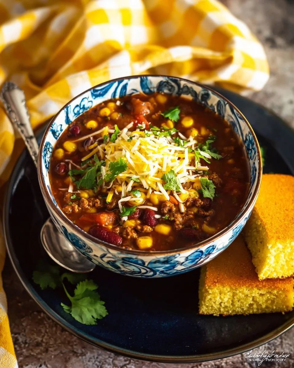 Delicious easy taco soup in a bowl with toppings