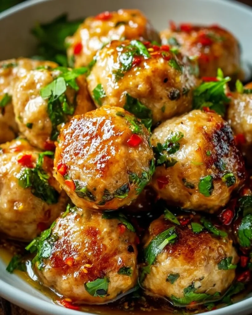 Plate of easy Thai baked chicken meatballs garnished with herbs