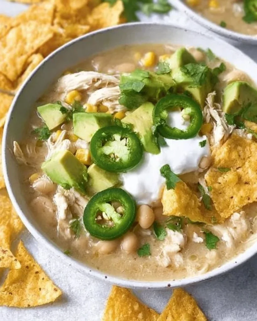 Bowl of easy white chicken chili garnished with herbs and cheese