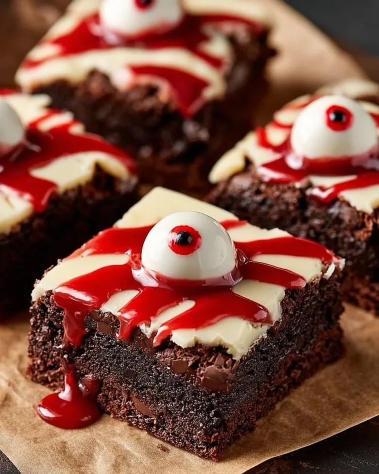 Spooky Eyeball Brownies decorated with candy eyeballs for Halloween treats.