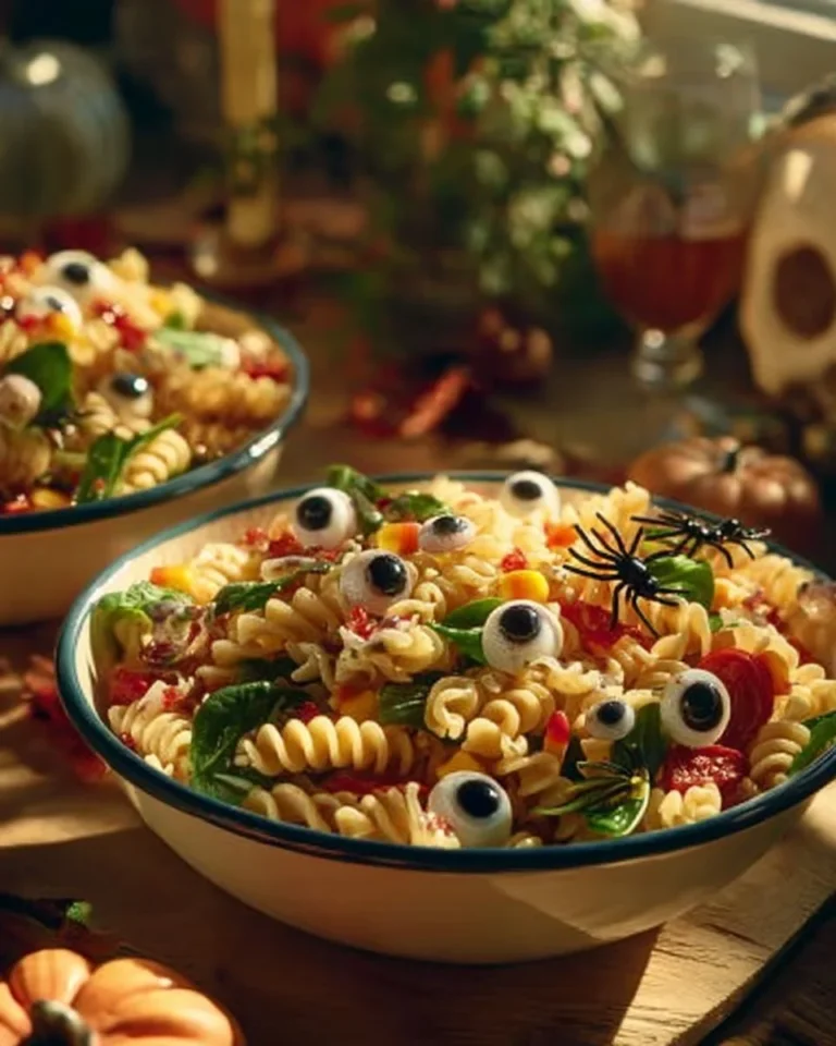 Eyeball Pasta Salad with spooky eyeball-shaped pasta and garnishes