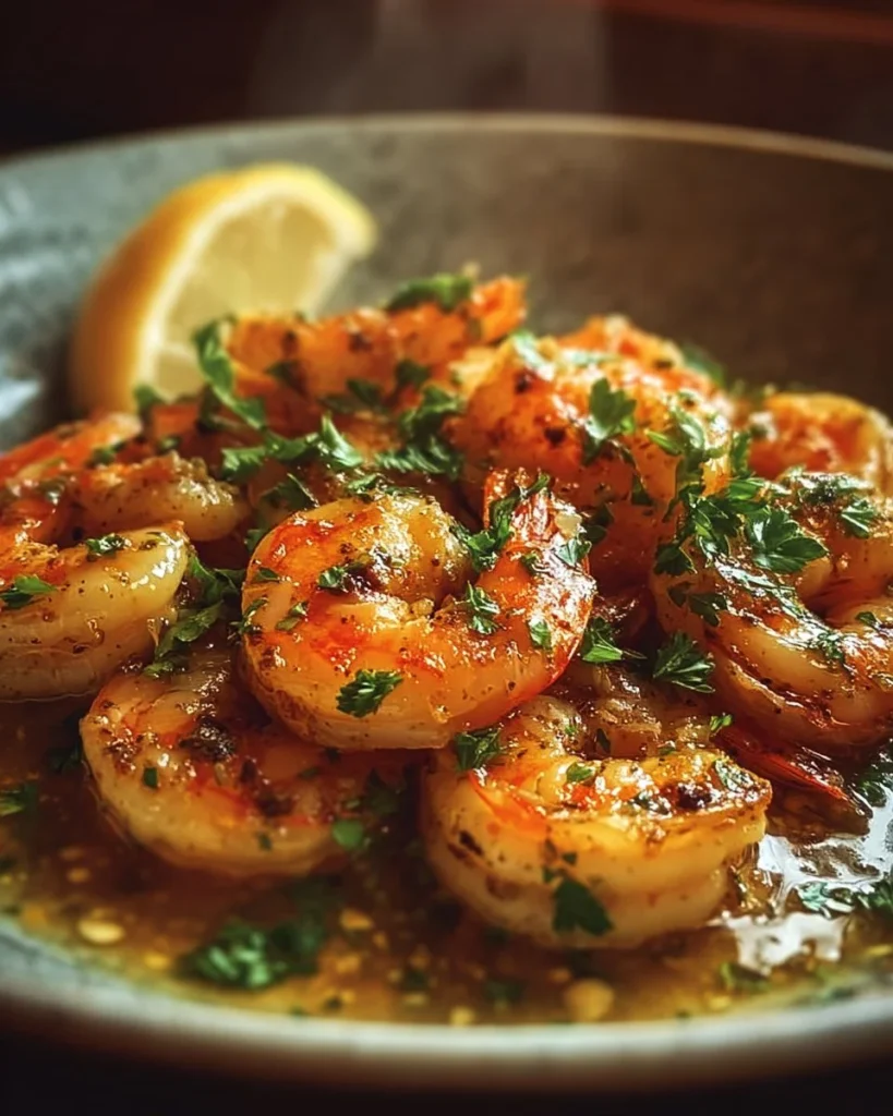 Delicious Red Lobster Shrimp Scampi garnished with parsley and lemon.