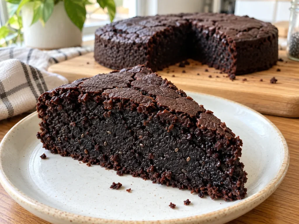 Flourless black cocoa and chia Greek yogurt cake with a sliced wedge