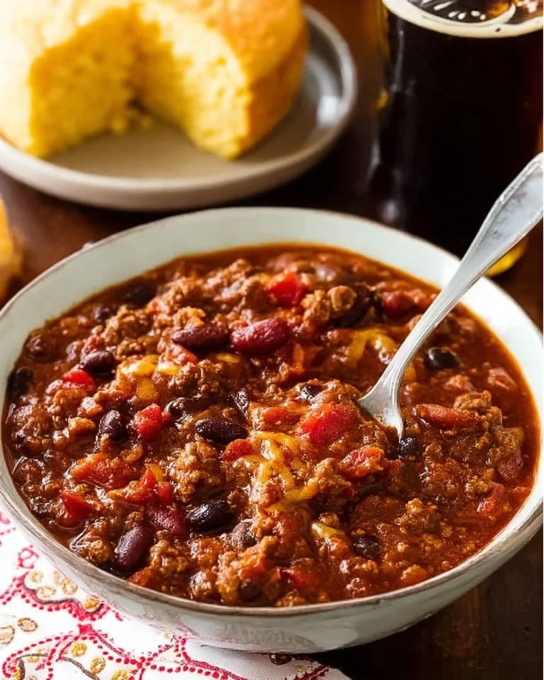 Bowl of First Place Chili garnished with cilantro and jalapeños