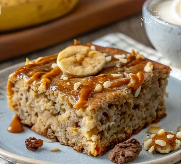 Slice of flourless oatmeal banana cake topped with nuts