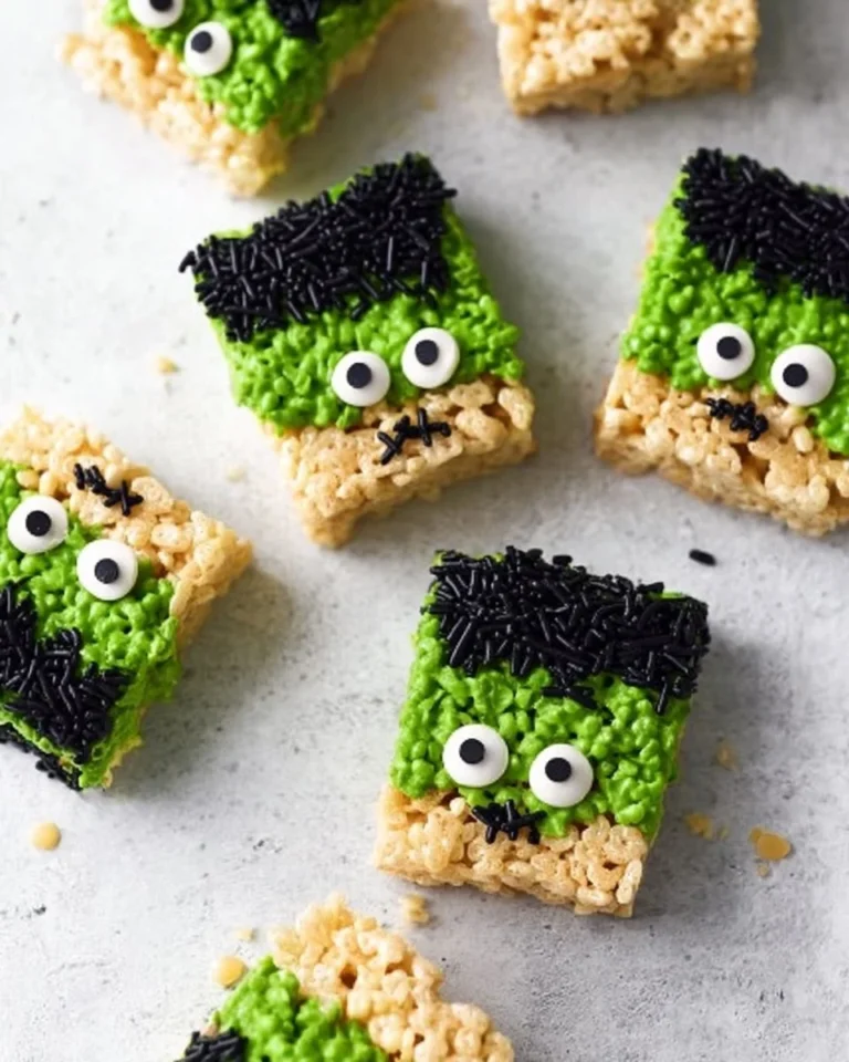 Halloween Rice Krispie treats shaped like Frankenstein for spooky celebrations.