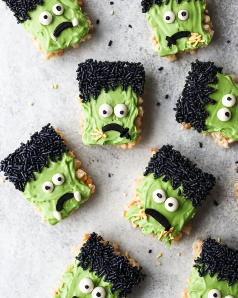 Halloween Frankenstein Rice Krispie Treats decorated with chocolate and candy