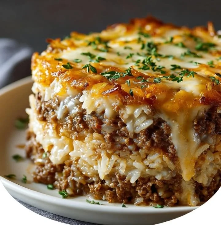 French onion casserole with ground beef and rice served in a dish