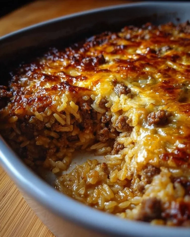 Delicious French Onion Casserole with ground beef and rice served in a dish