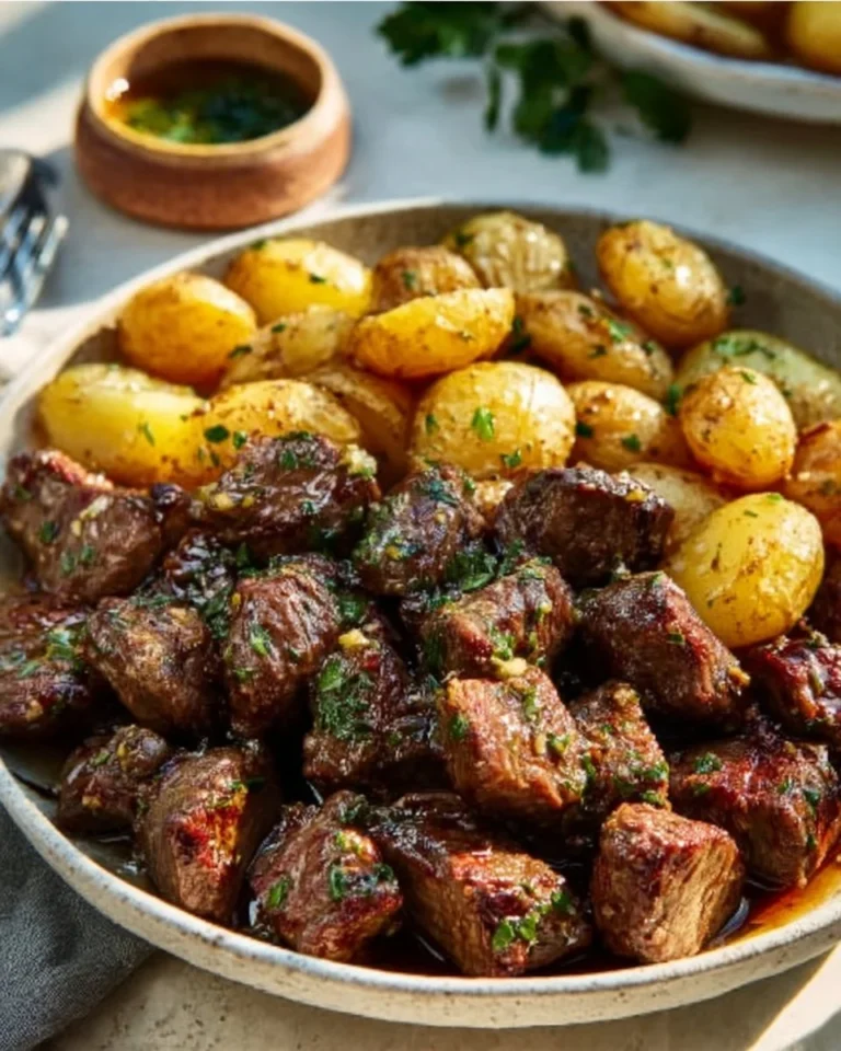 Garlic Butter Beef Bites served with tender potatoes on a plate