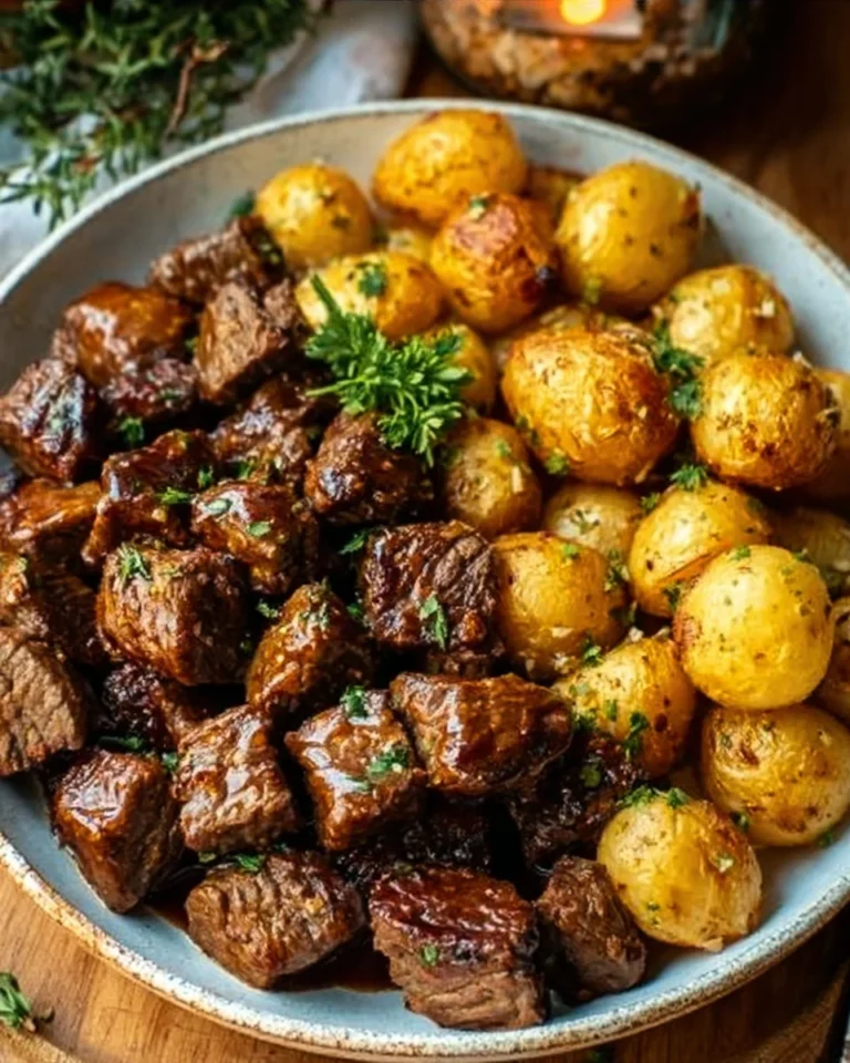 Garlic Butter Beef Bites served with seasoned potatoes on a plate