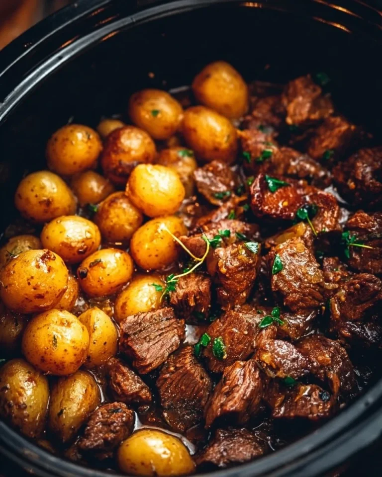 Delicious garlic butter beef bites served with roasted potatoes