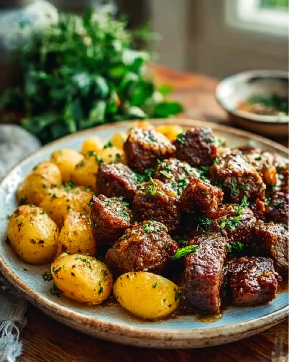 Delicious Garlic Butter Beef Bites served with golden-brown potatoes