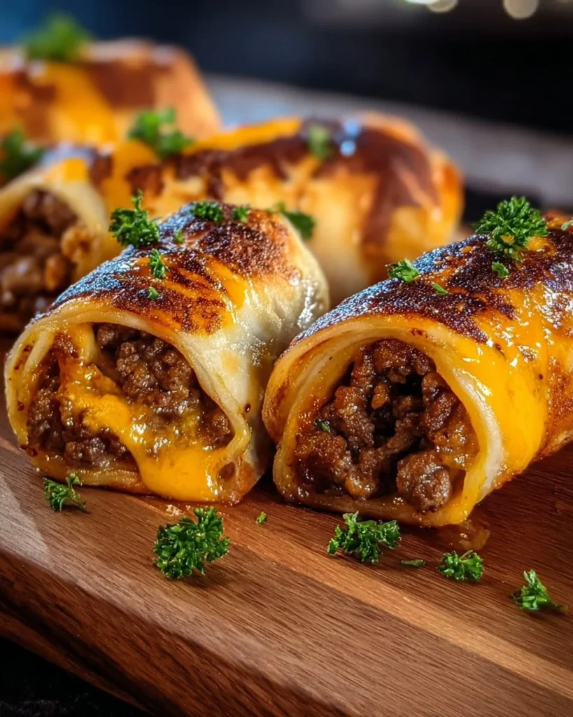 Garlic Butter Beef Cheeseburger Rollups on a plate, showcasing delicious flavors.
