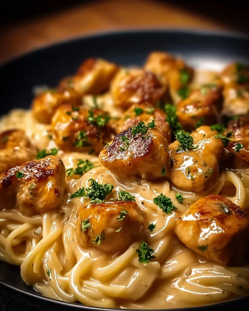Garlic Butter Chicken Bites served with creamy Parmesan pasta dish